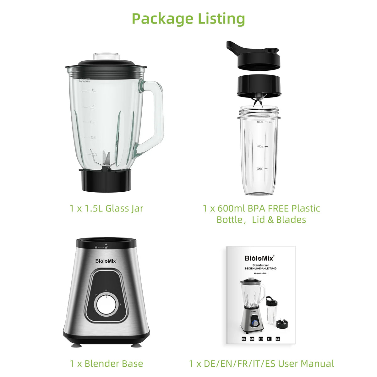 BioloMix Glass Smoothie Blender With Six Ice Crushing Blades
