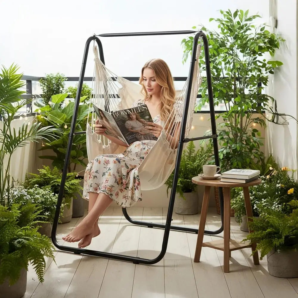 Heavy Duty Hammock Chair Stand With Dual Pillows Indoor Patio