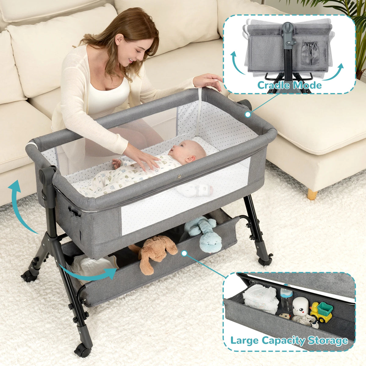 3in1 Portable Baby Bassinet Bedside Sleeper With Foldable Crib