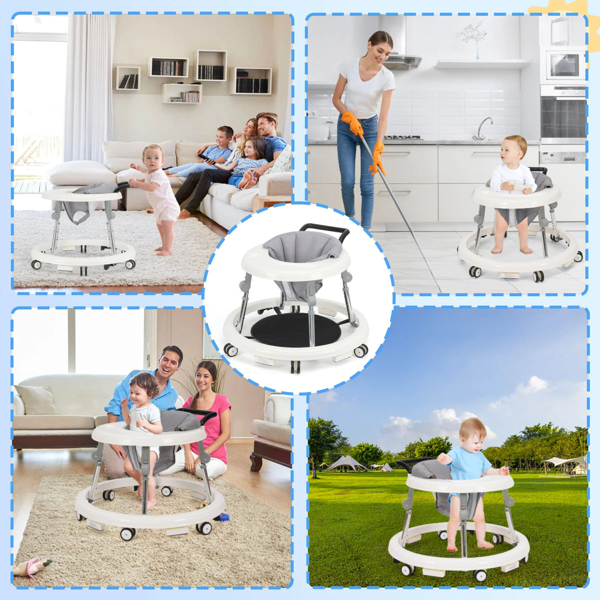 Adjustable Height Foldable Toddler Baby Walker With Activity Tray