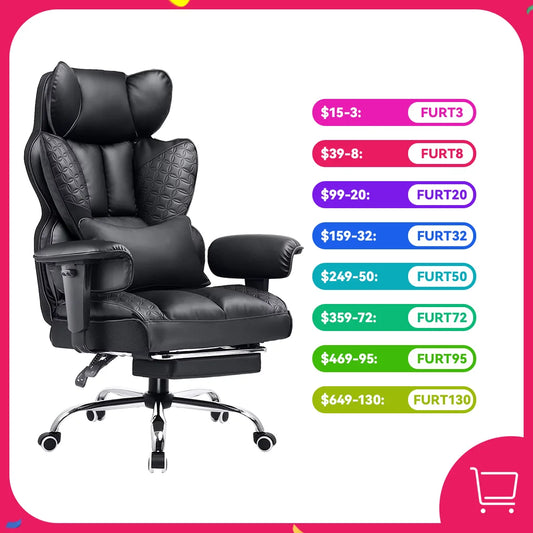 COMHOMA Ergonomic Leather Office Chair With Footrest Adjustable Armrests