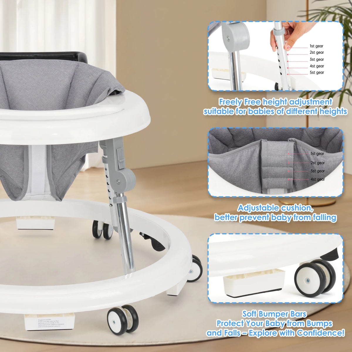 Wismind Adjustable Foldable Baby Walker With Activity Tray