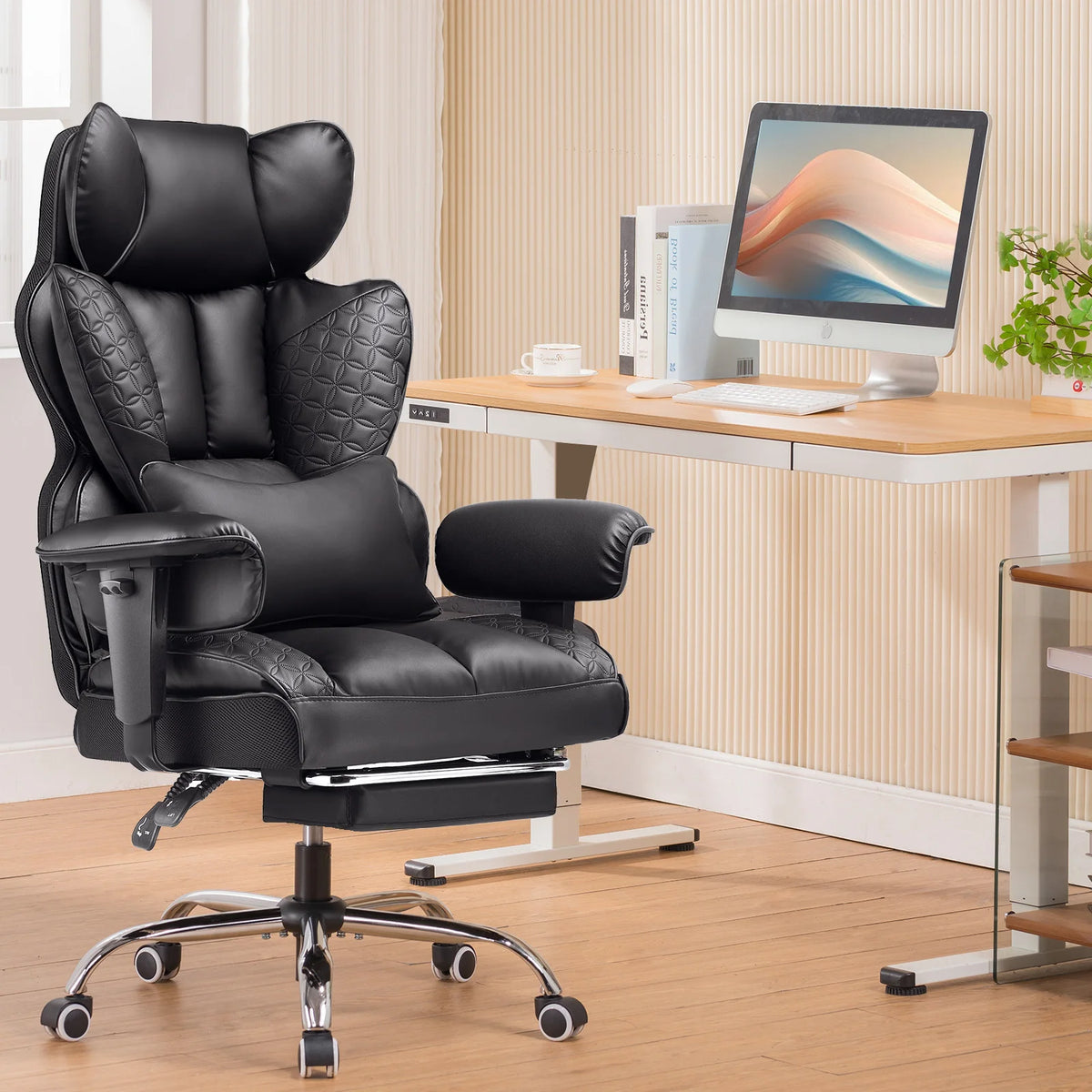 COMHOMA Ergonomic Leather Office Chair With Footrest Adjustable Armrests