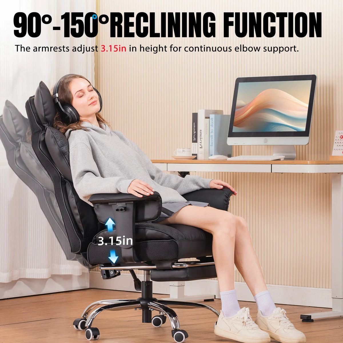 COMHOMA Ergonomic Leather Office Chair With Footrest Adjustable Armrests