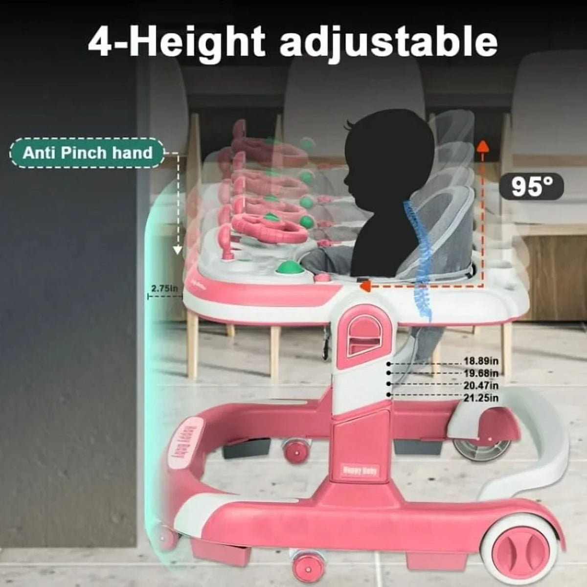 Anti Rollover Baby Walker With Learning Toy And Folding Design