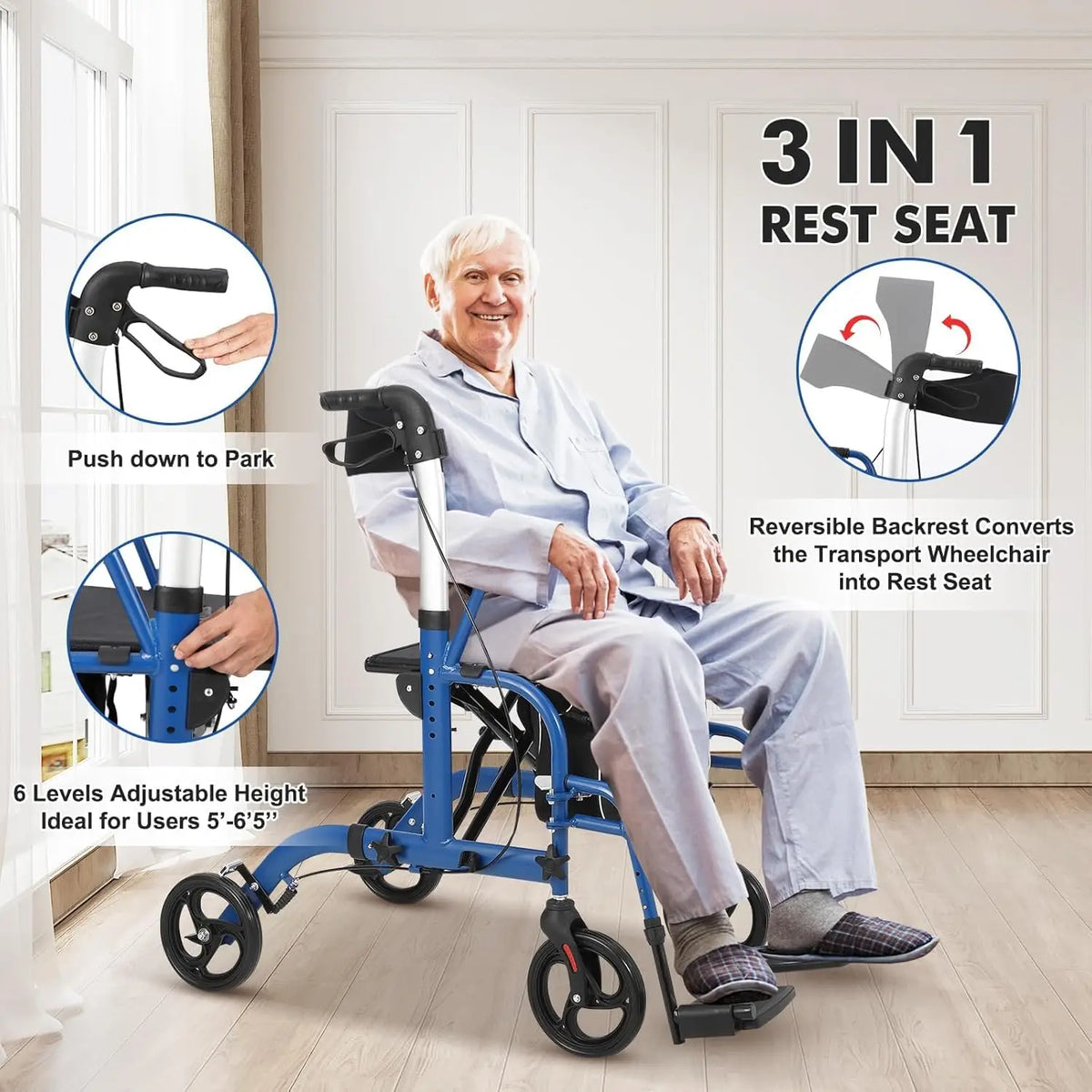 Foldable Rollator Walker With Seat And Backrest For Seniors