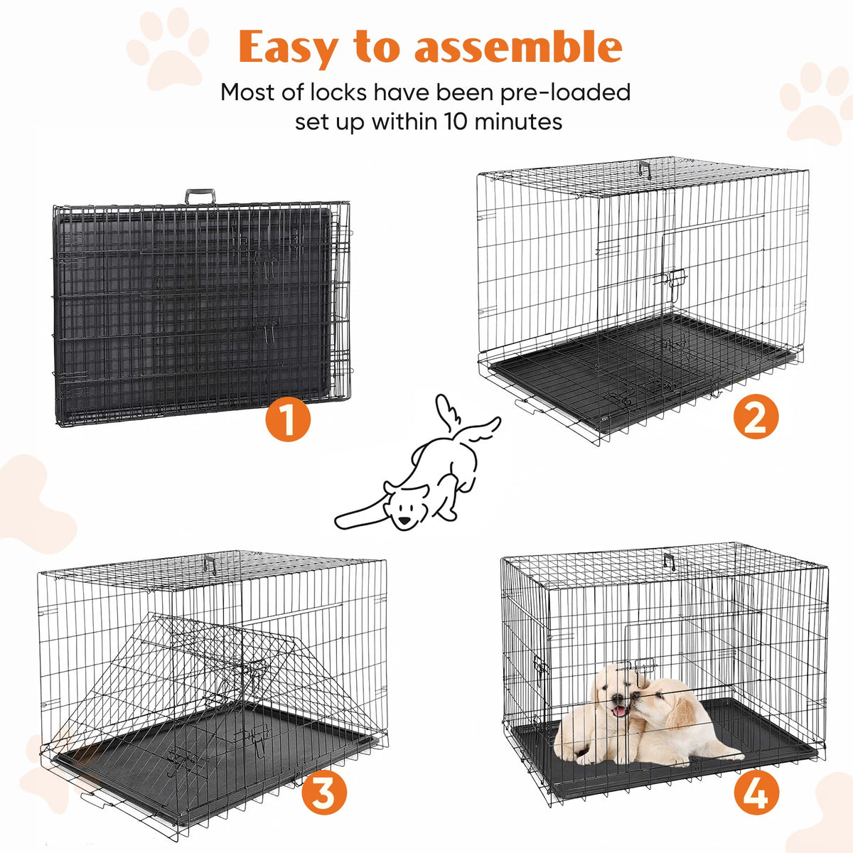 JHK Double Door Metal Wire Dog Kennel Leak Proof Pan