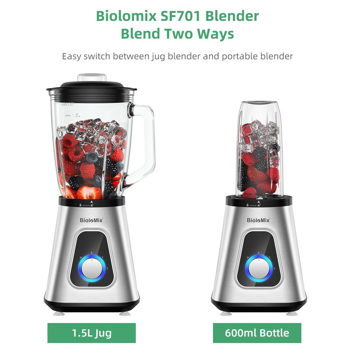 BioloMix Glass Smoothie Blender With Six Ice Crushing Blades