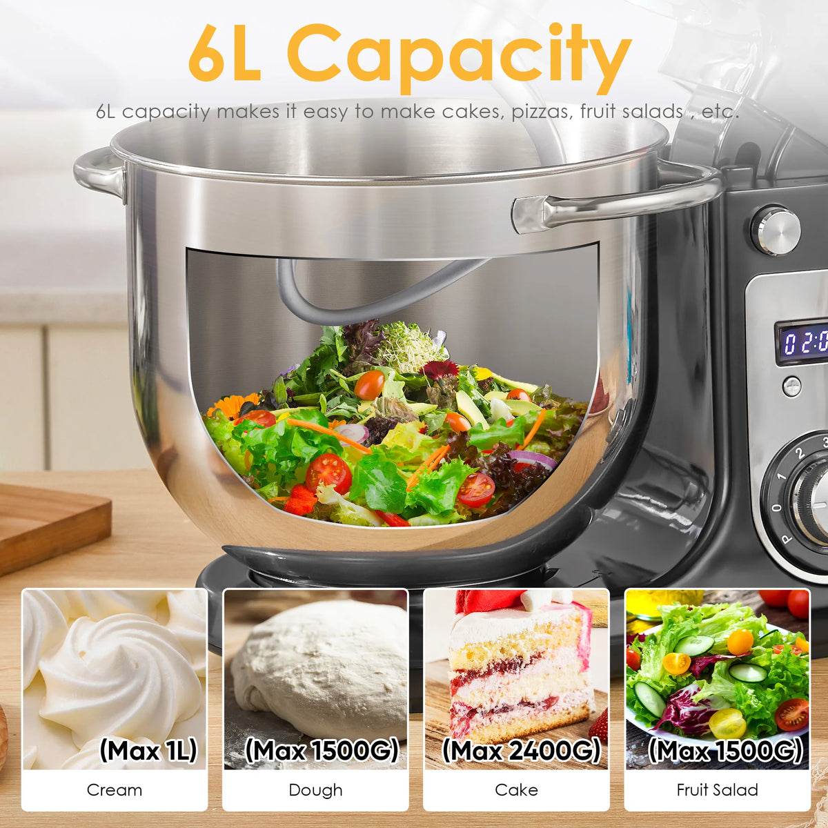 Biolomix 6 Speed Kitchen Stand Mixer Stainless Steel Bowl