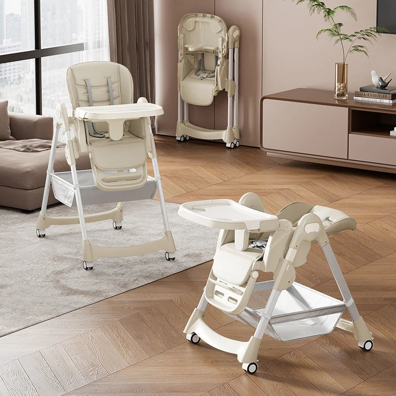 Foldable Baby High Chair With Adjustable Backrest And Locking Wheels