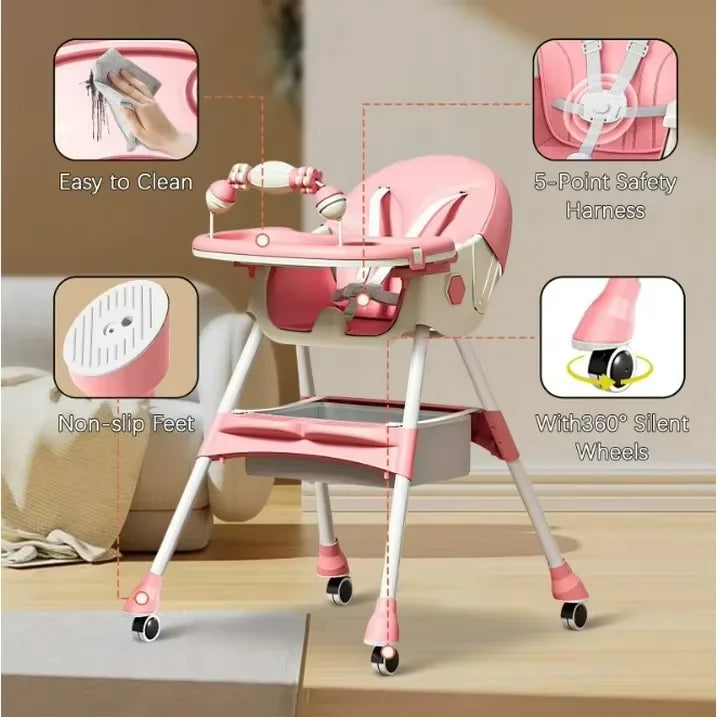 Adjustable Foldable Baby High Chair With Cushioned Reclining Seat