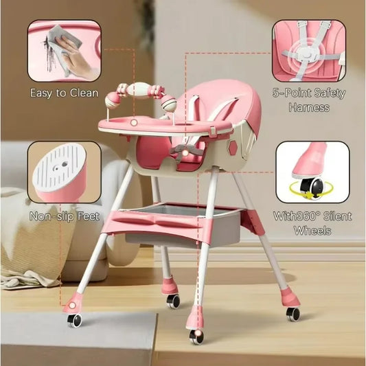 Adjustable Foldable Baby High Chair With Cushioned Reclining Seat