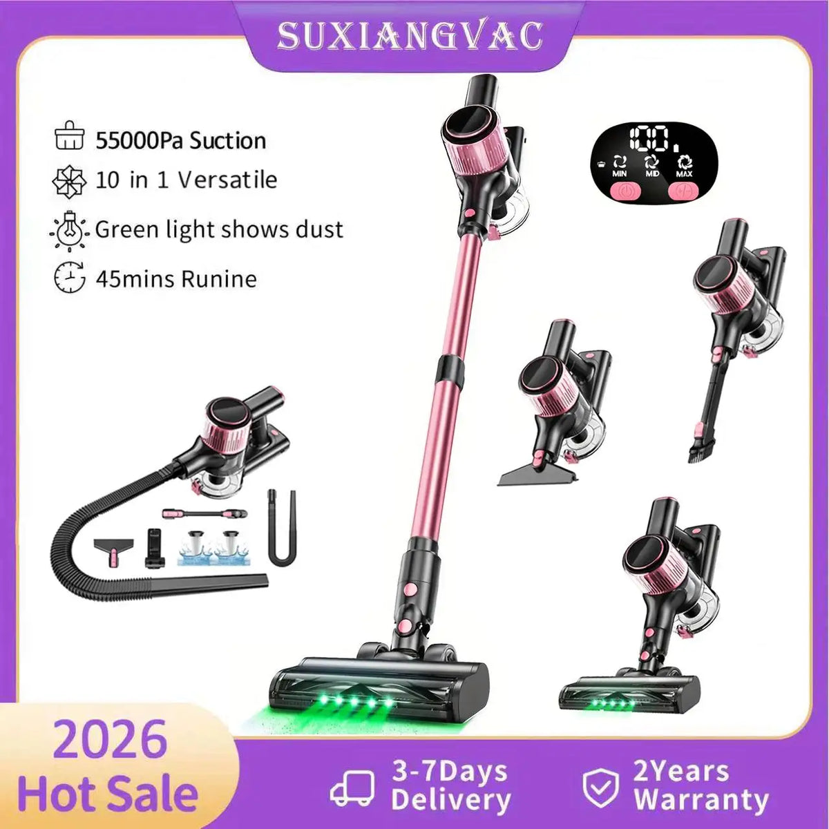 Suxiangvac Cordless Stick Vacuum With 55Kpa Suction And Bagless Design