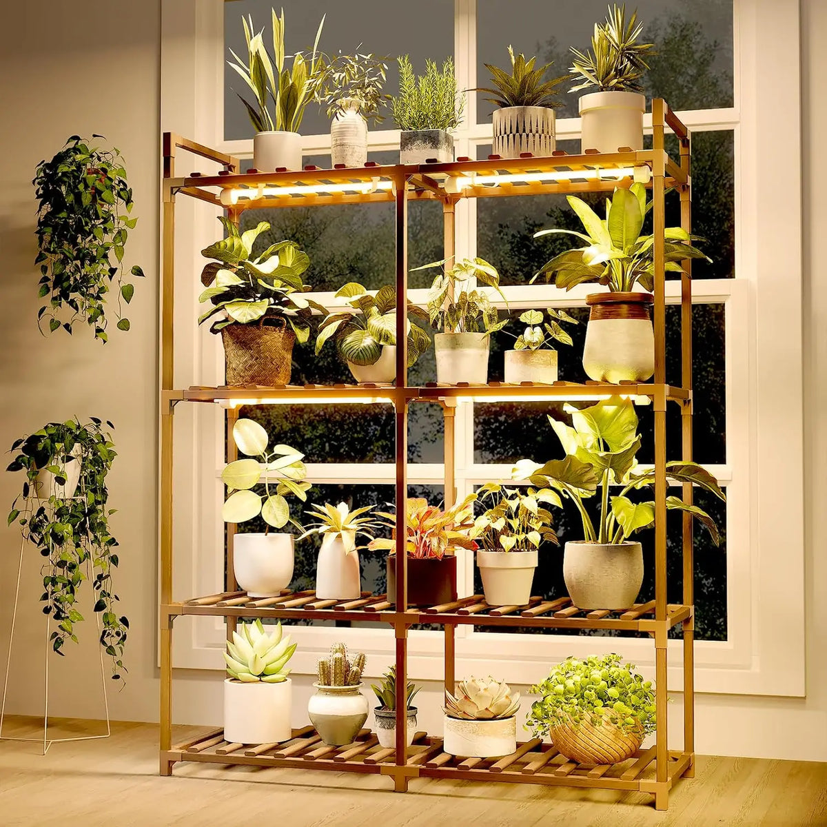 Wooden Plant Stand With Grow Lights For Indoor Gardens