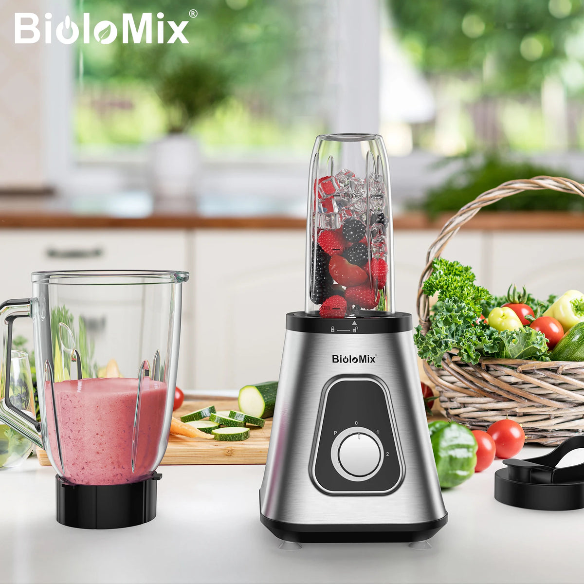 BioloMix Glass Smoothie Blender With Six Ice Crushing Blades