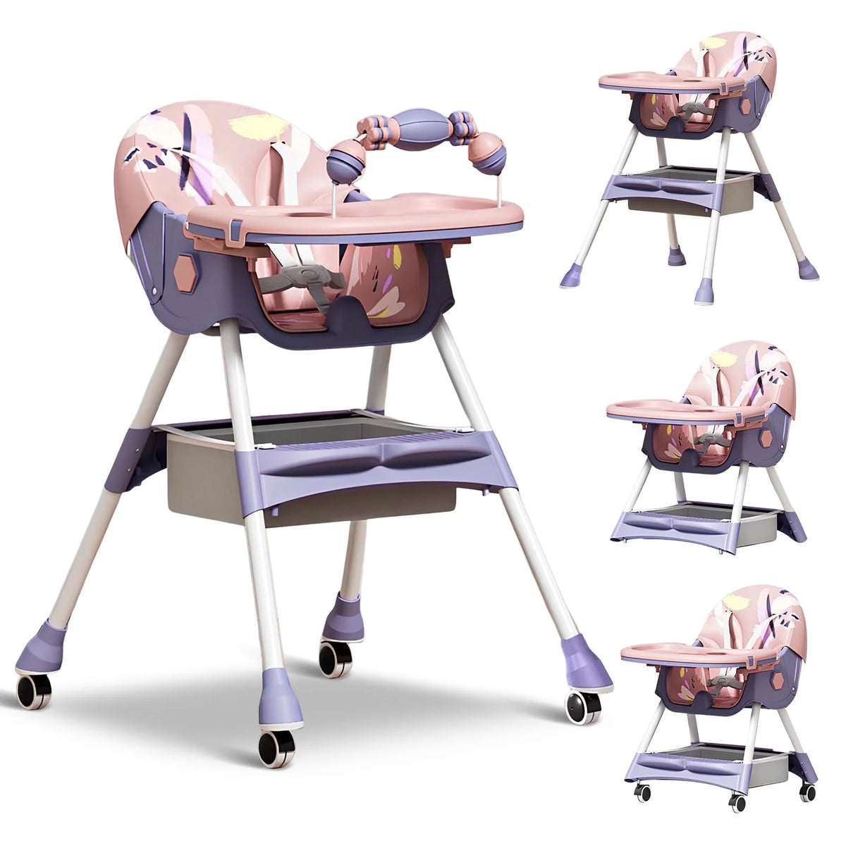 Adjustable Foldable Baby High Chair With Cushioned Reclining Seat