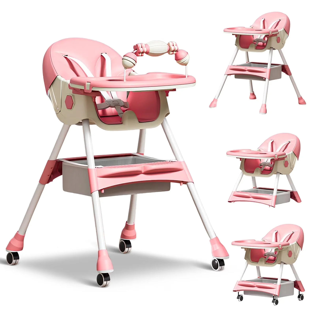 Adjustable Foldable Baby High Chair With Cushioned Reclining Seat