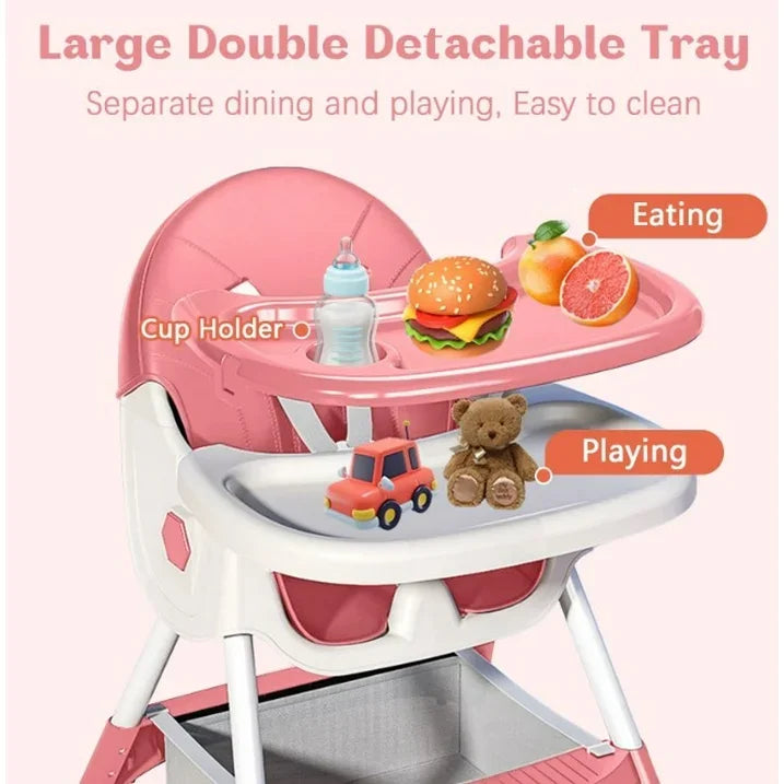 Adjustable Foldable Baby High Chair With Cushioned Reclining Seat
