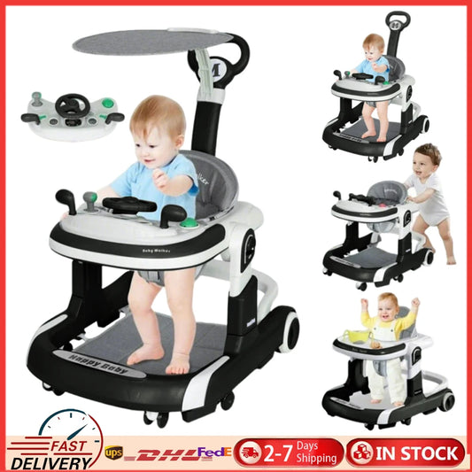 Foldable Baby Push Walker With Music Tray And Sunshade