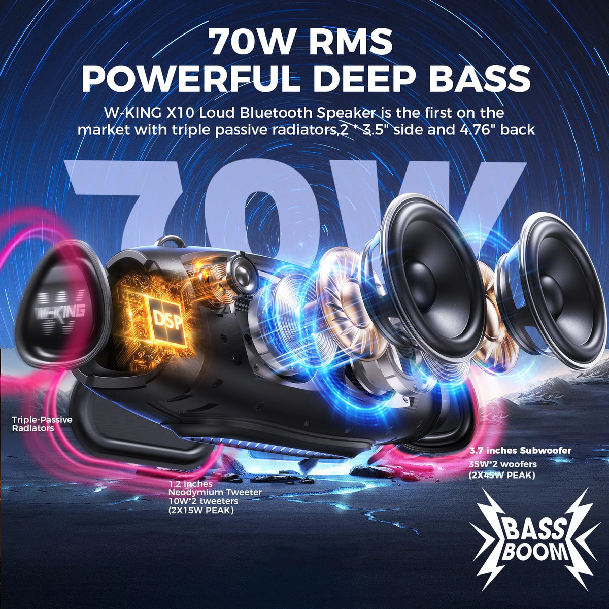 W-KING X10 Portable Waterproof Bluetooth Speaker Featuring Deep Bass