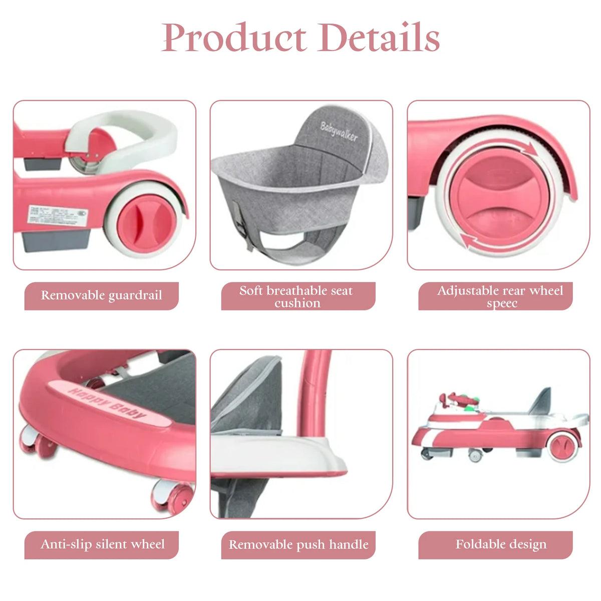 Foldable Baby Push Walker With Music Tray And Sunshade
