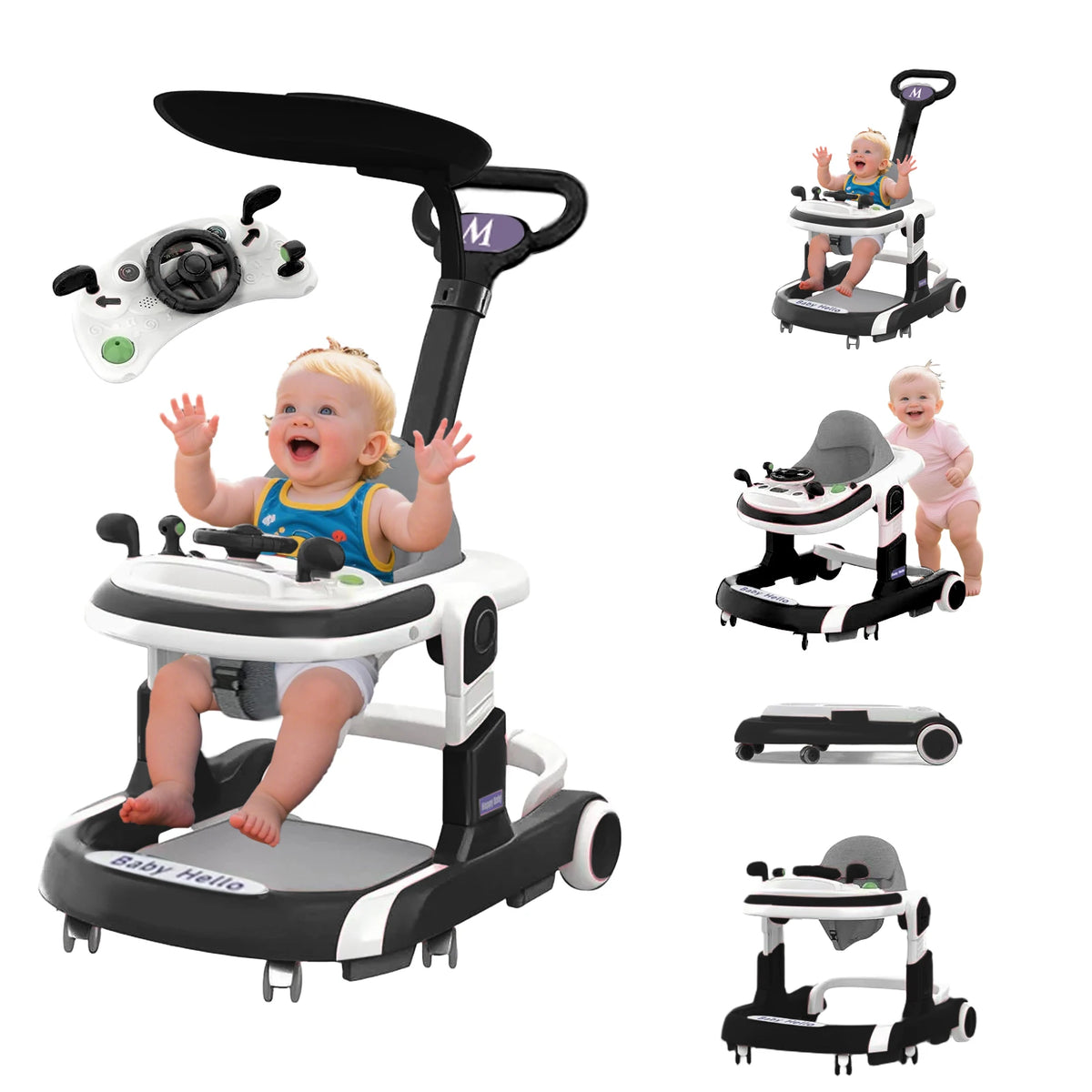 Foldable Baby Push Walker With Music Tray And Sunshade