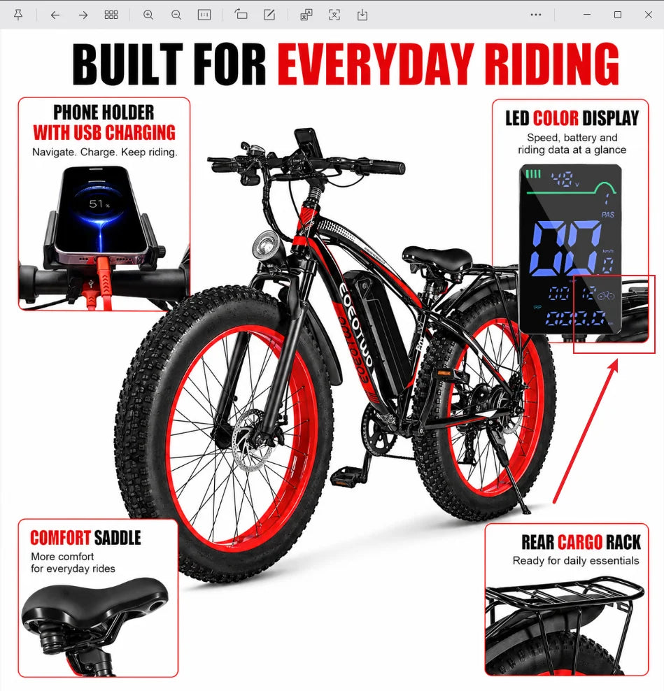 EOEOTWO 1500W Peak Electric Bike With 48V Long Range Battery