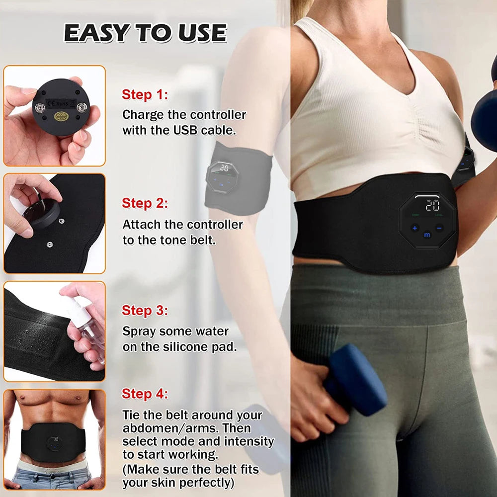 Rechargeable EMS Muscle Stimulator Abdominal Trainer Belt With Silicone Pads