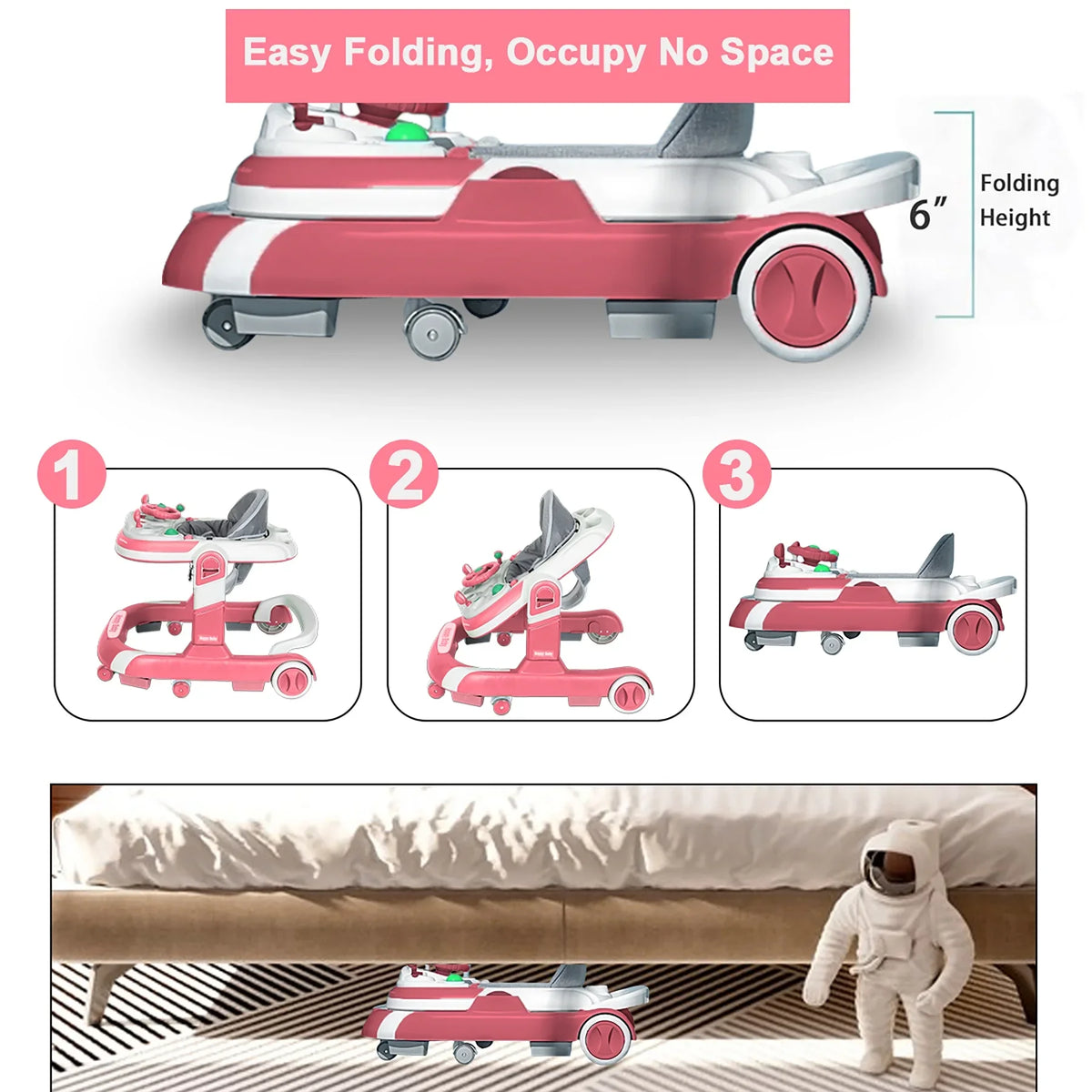 Anti Rollover Baby Walker With Learning Toy And Folding Design