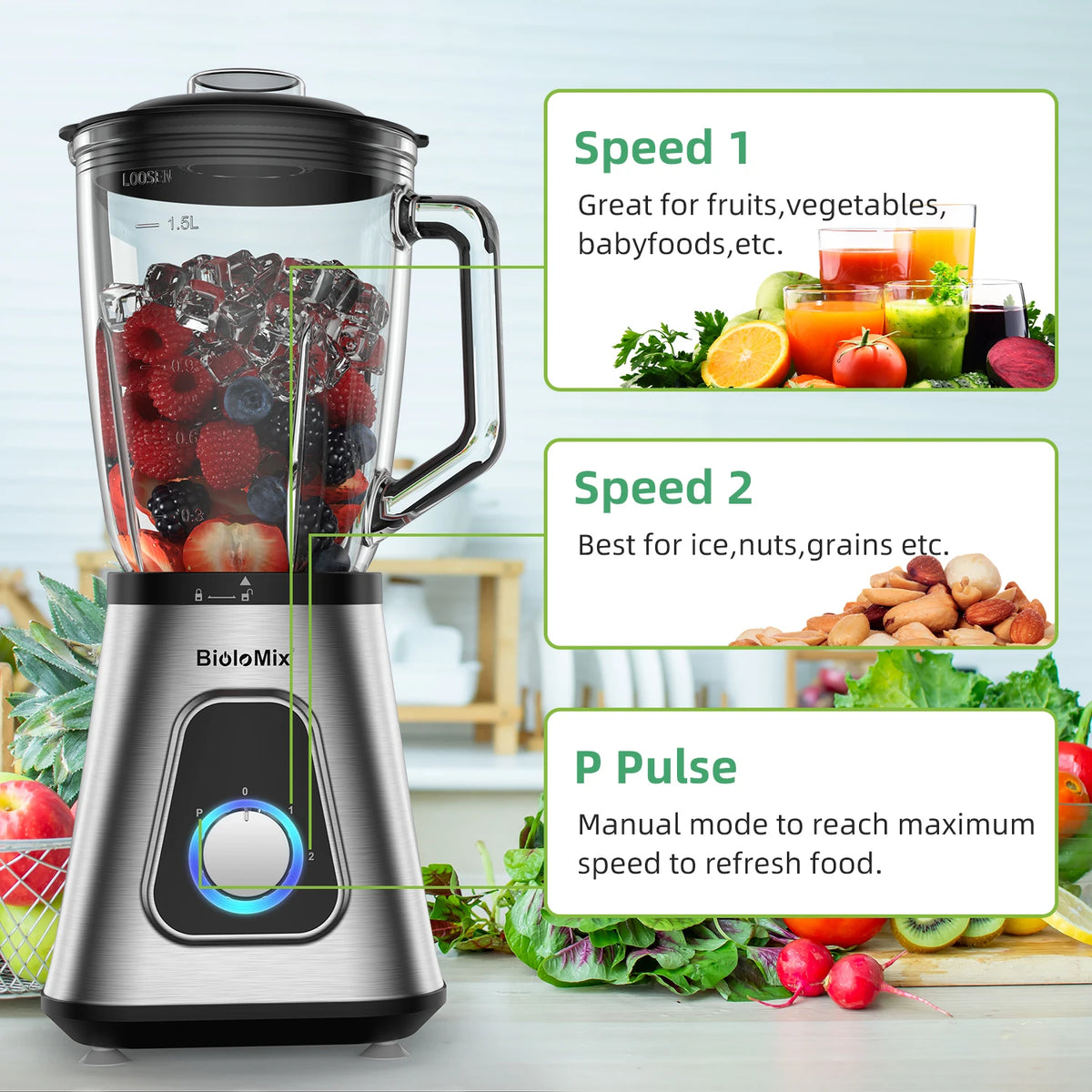 BioloMix Glass Smoothie Blender With Six Ice Crushing Blades