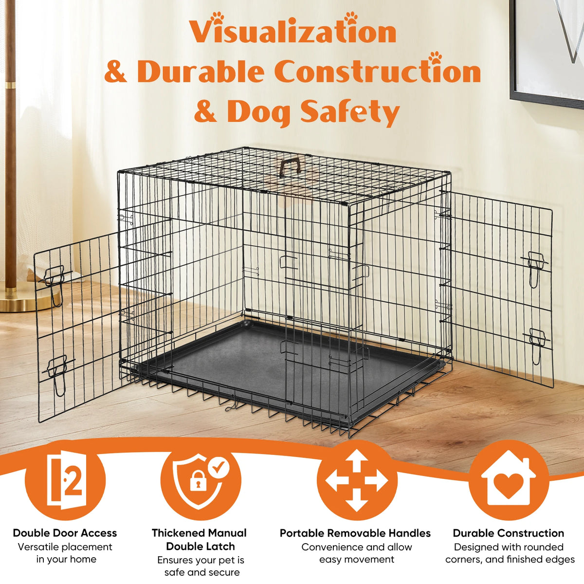 JHK Double Door Metal Wire Dog Kennel Leak Proof Pan