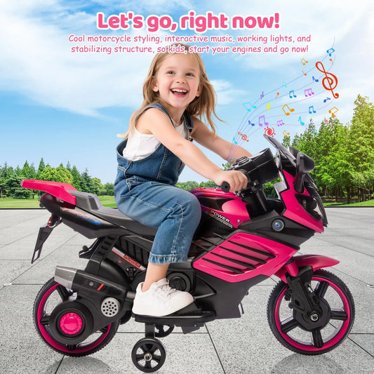HiMiss Kids Electric Ride On Motorcycle With Training Wheels Toddlers