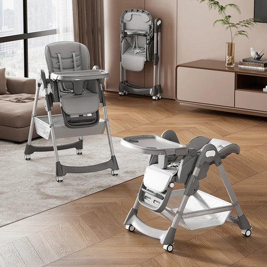 Foldable Baby High Chair With Adjustable Backrest And Locking Wheels