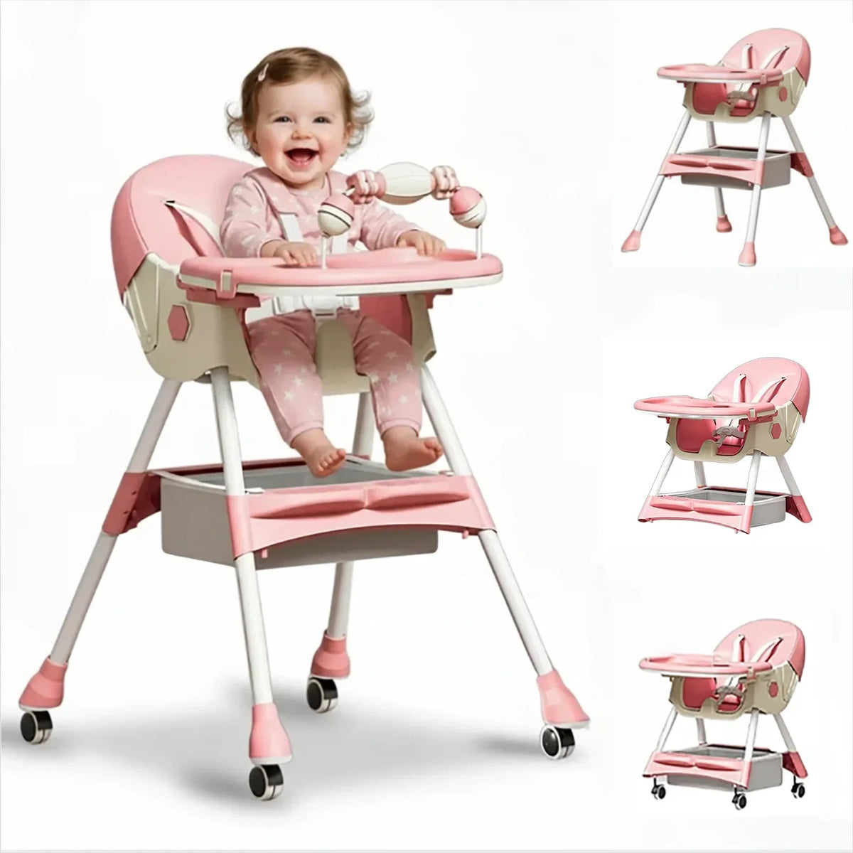 Adjustable Foldable Baby High Chair With Cushioned Reclining Seat