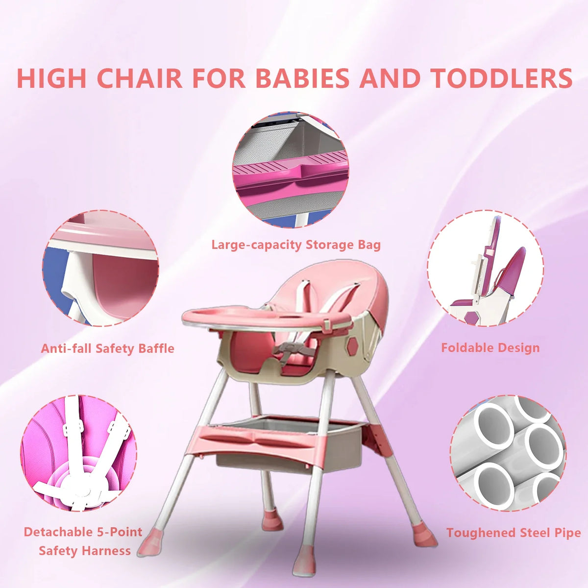 Adjustable Foldable Baby High Chair With Cushioned Reclining Seat