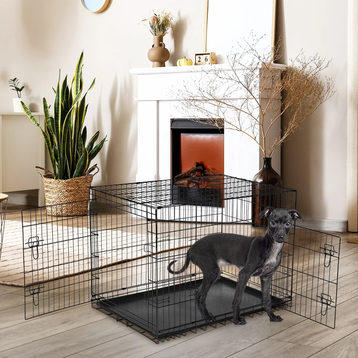 JHK Double Door Metal Wire Dog Kennel Leak Proof Pan