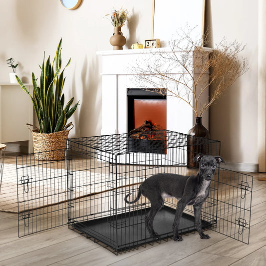 JHK Double Door Metal Wire Dog Kennel Leak Proof Pan