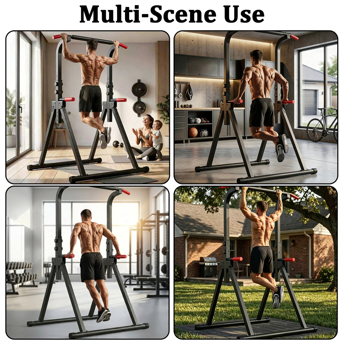 Foldable Power Tower Pull Up Bar With Adjustable Dip Station