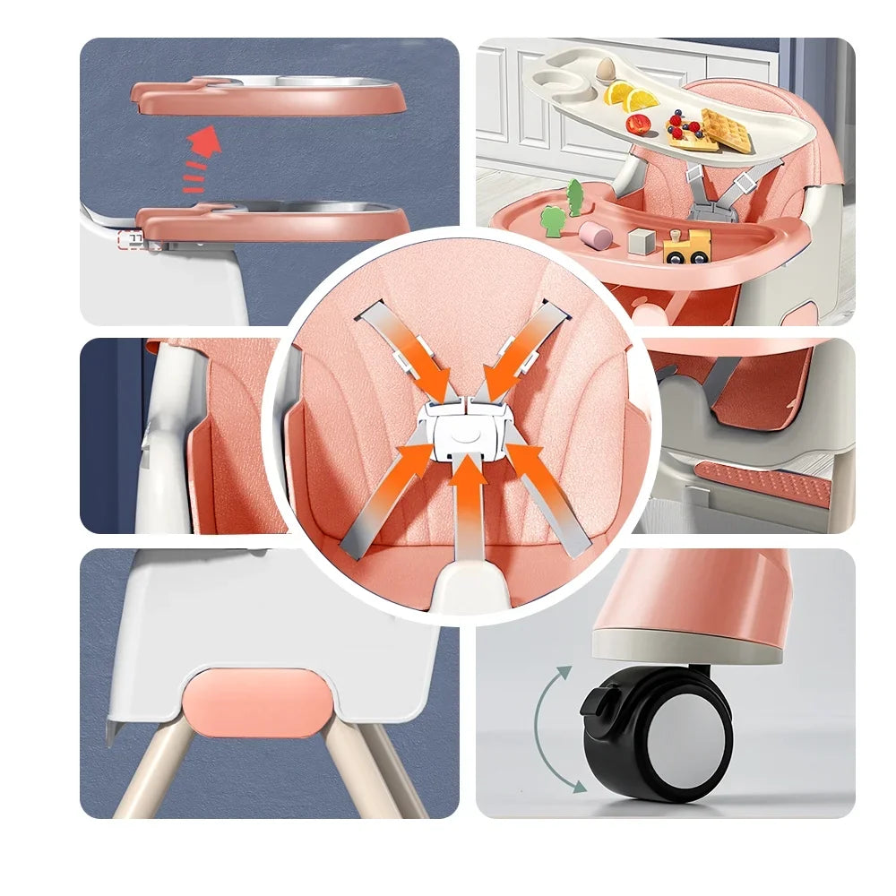 Adjustable Foldable Baby High Chair With Cushioned Reclining Seat