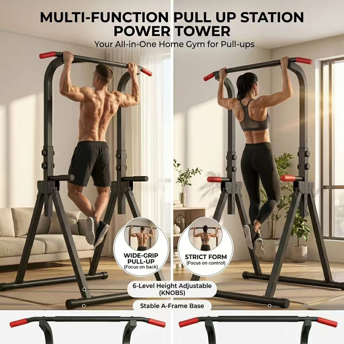 Foldable Power Tower Pull Up Bar With Adjustable Dip Station