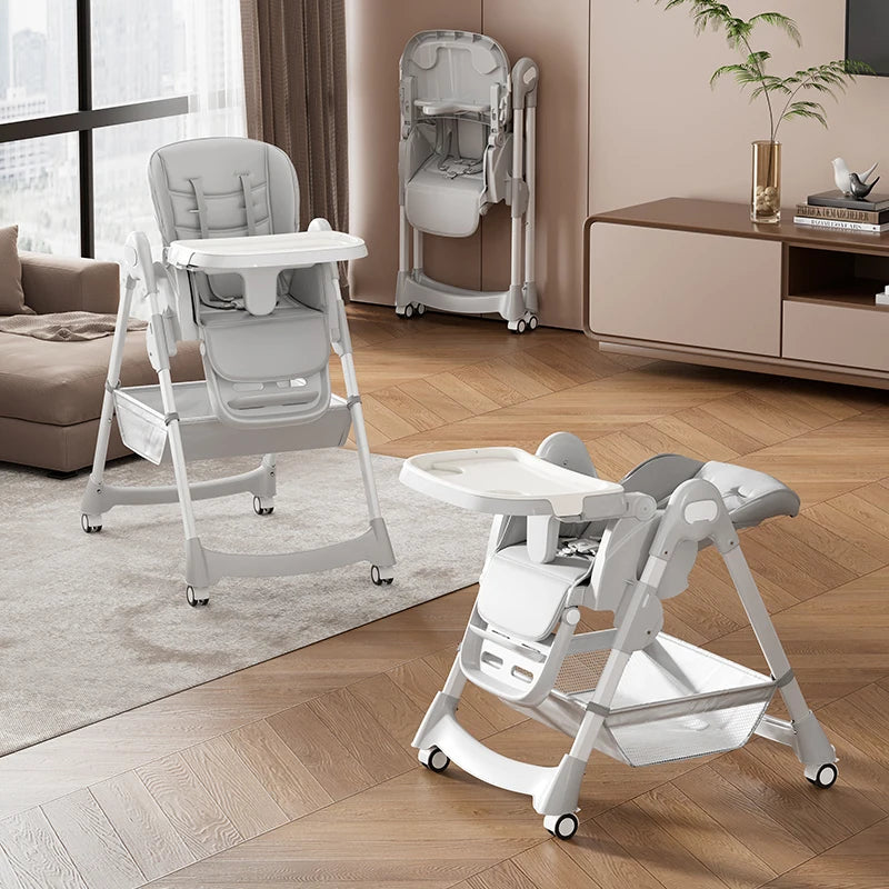 Foldable Baby High Chair With Adjustable Backrest And Locking Wheels