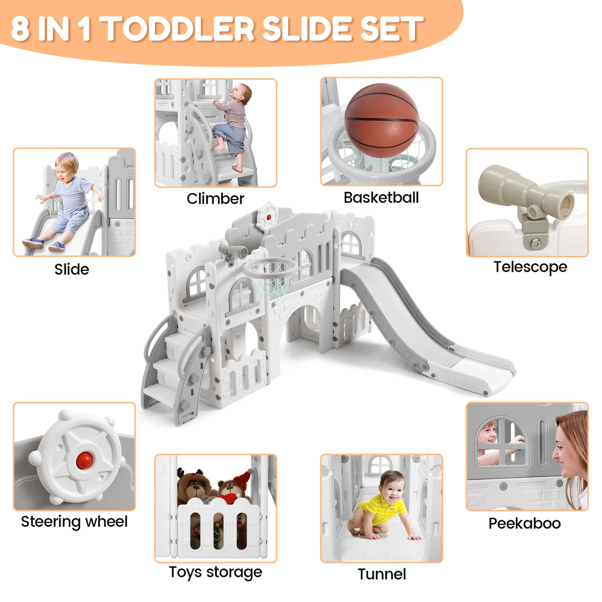 8 In 1 Toddler Slide Indoor Outdoor Kids Playset With Basketball Hoop