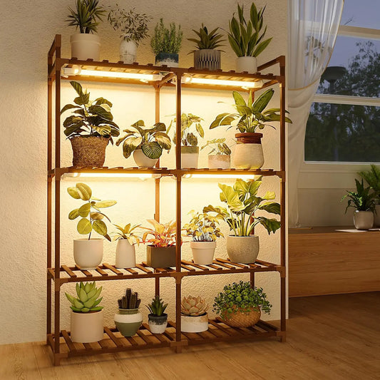 Wooden Plant Stand With Grow Lights For Indoor Gardens