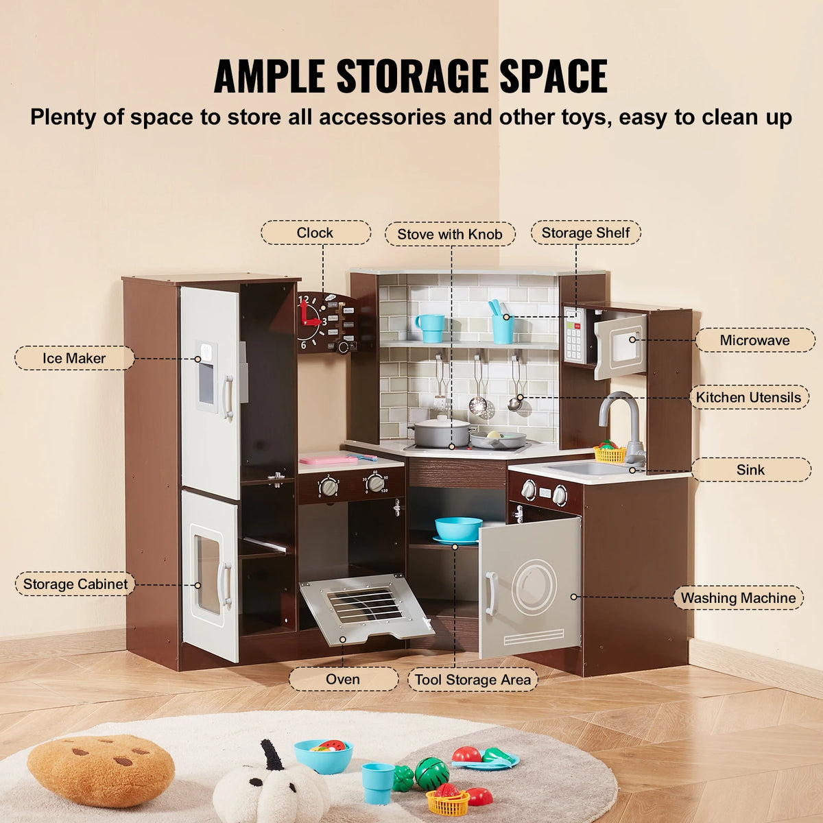 SucceBuy Kids Wooden Play Kitchen Set With Ice Maker Toy