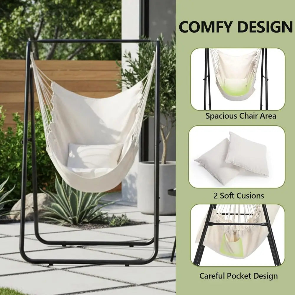 Heavy Duty Hammock Chair Stand With Dual Pillows Indoor Patio