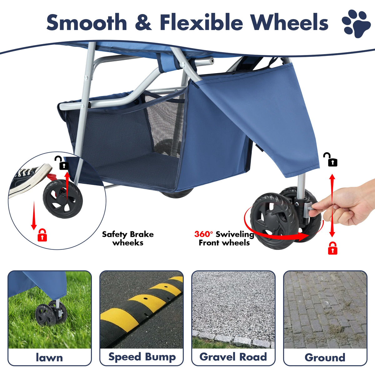 DUMOS Foldable 3 Wheel Pet Stroller With Storage Basket