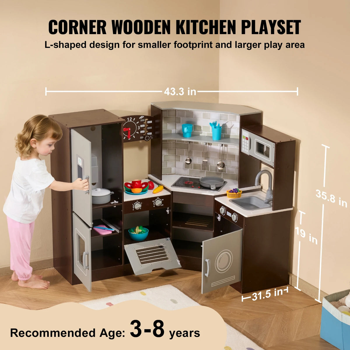 SucceBuy Kids Wooden Play Kitchen Set With Ice Maker Toy