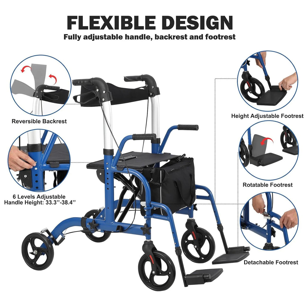 Foldable Rollator Walker With Seat And Backrest For Seniors