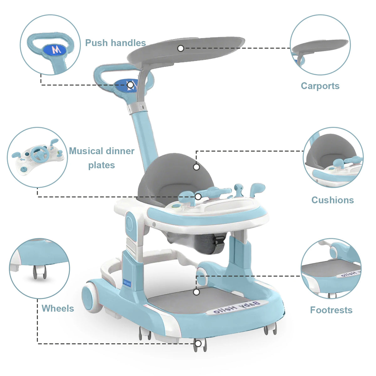Foldable Baby Push Walker With Music Tray And Sunshade